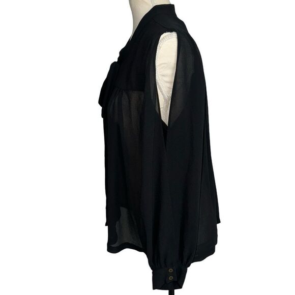 Forever 21 Solid Black Long Sleeve Button Down Tie Front Open Sleeve Blouse M - Picture 9 of 13